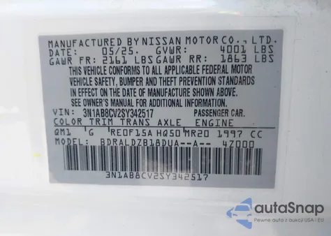 2025 Nissan Sentra Sv из США, поврежденный, VIN 3N1AB8CV2SY342517